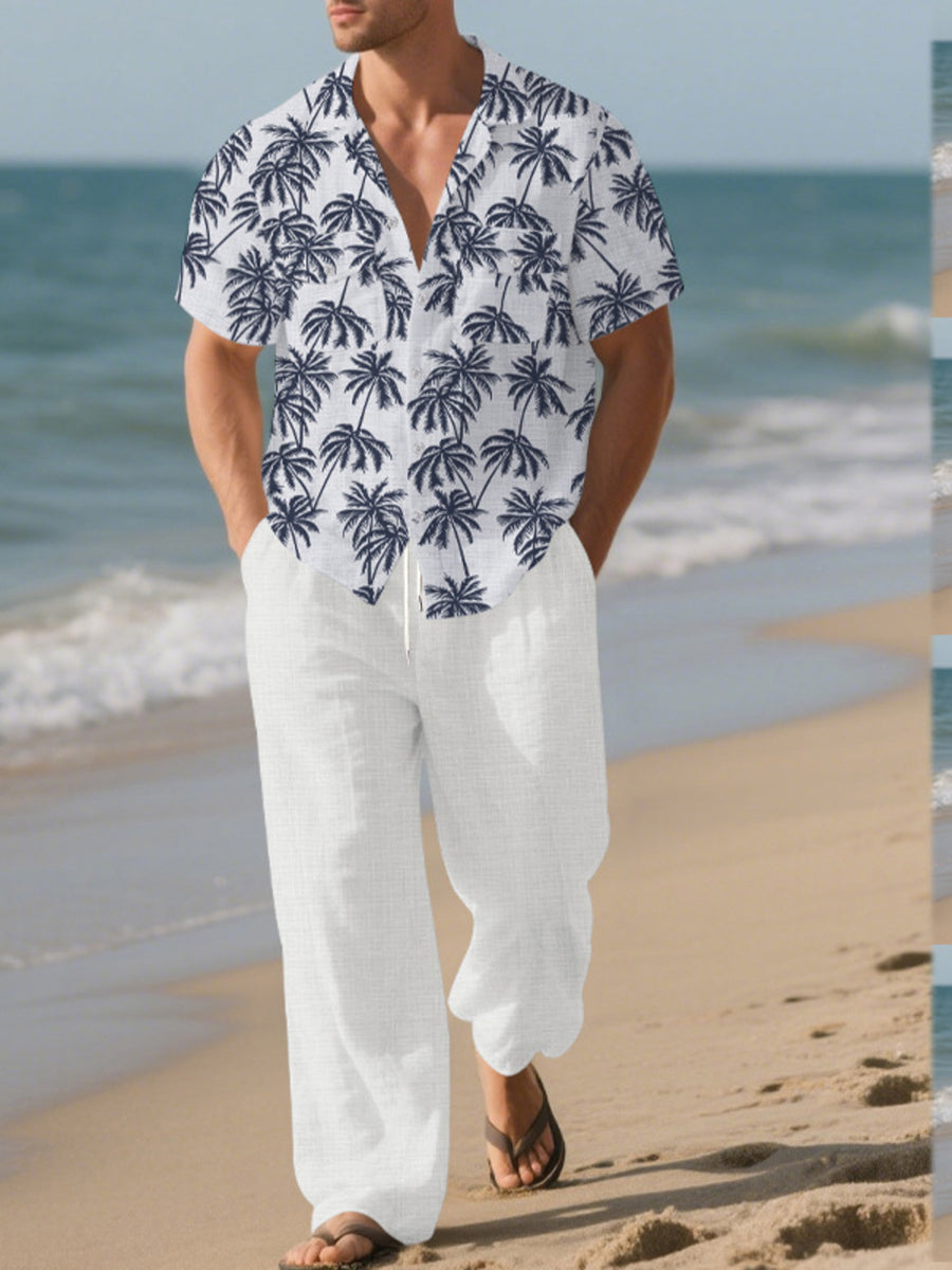 Men's Full Size Tropical Palm Print Button Up Shirt and Pants Set Plus Size