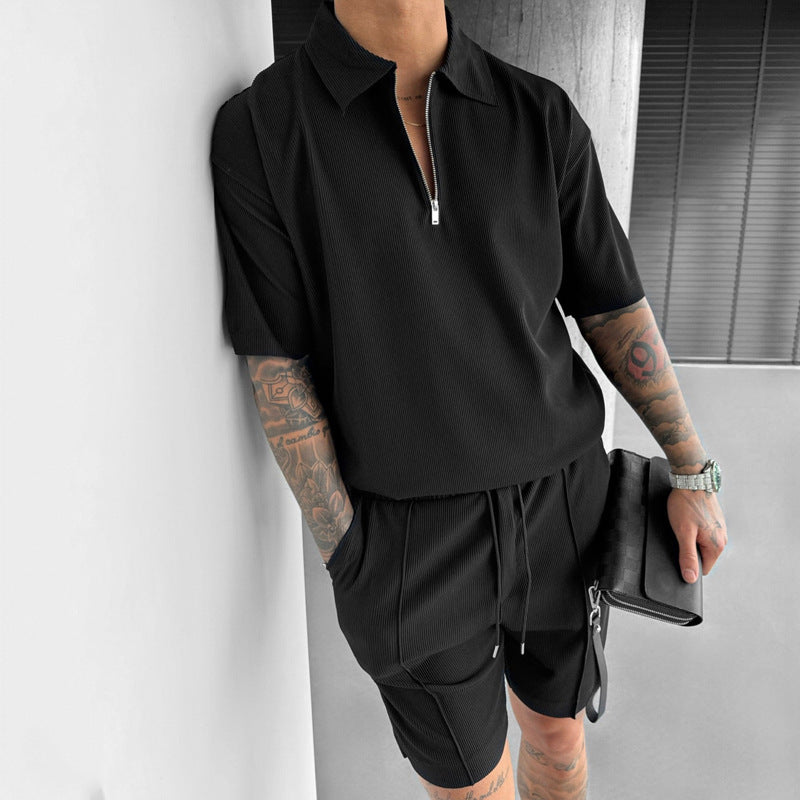 Men's Clothing European And American New Zipper Polo Casual Short-Sleeved Drawstring Shorts Men's Suit