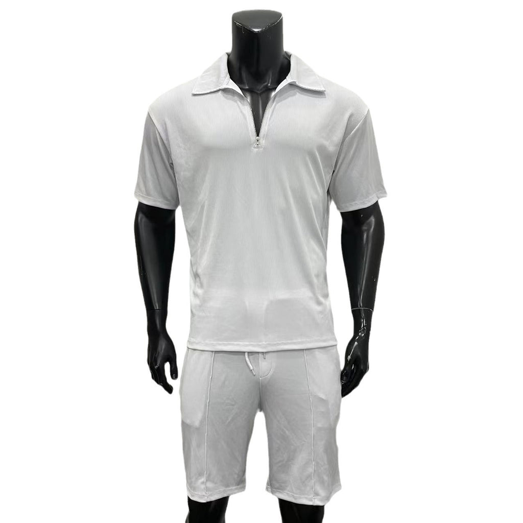 Men's Clothing European And American New Zipper Polo Casual Short-Sleeved Drawstring Shorts Men's Suit