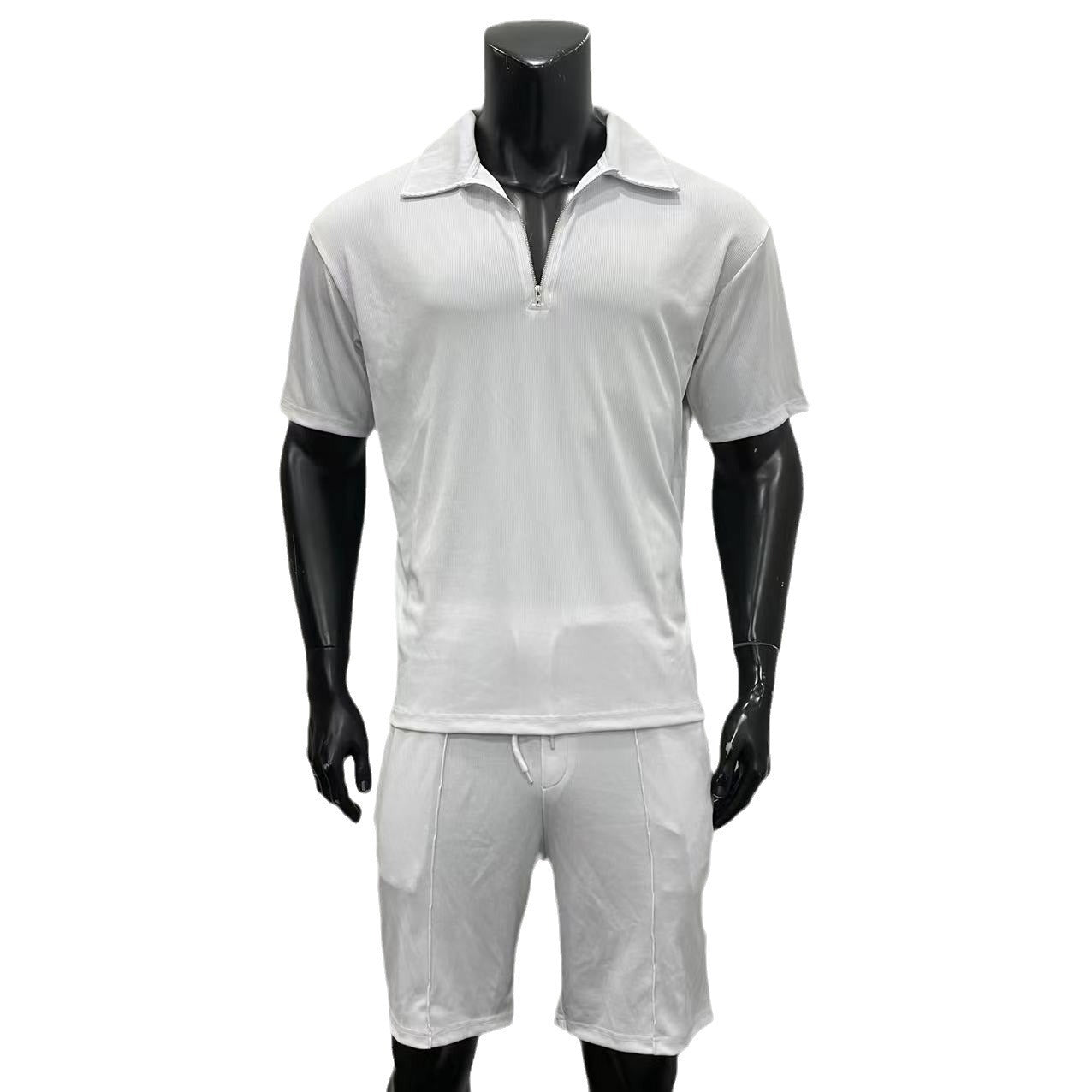 Men's Clothing European And American New Zipper Polo Casual Short-Sleeved Drawstring Shorts Men's Suit