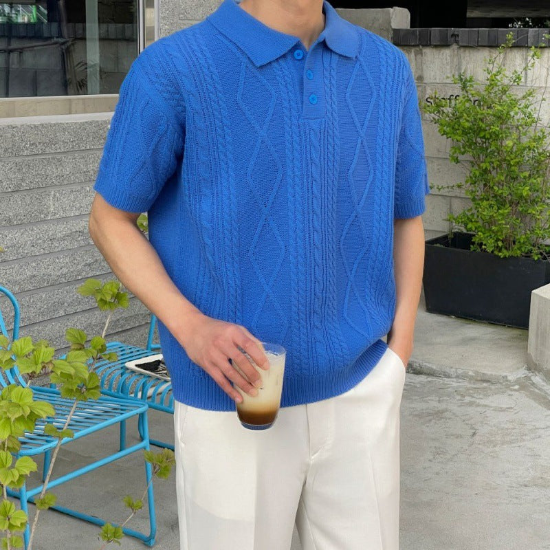 MYQ Texture Knitted Polo Shirt Short T Men's Summer Loose Leck T-Shirt Korean Fashionable Short Sleeve Sweater