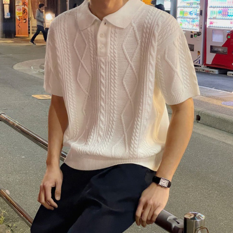 MYQ Texture Knitted Polo Shirt Short T Men's Summer Loose Leck T-Shirt Korean Fashionable Short Sleeve Sweater