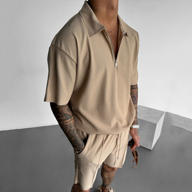 Men's Clothing European And American New Zipper Polo Casual Short-Sleeved Drawstring Shorts Men's Suit